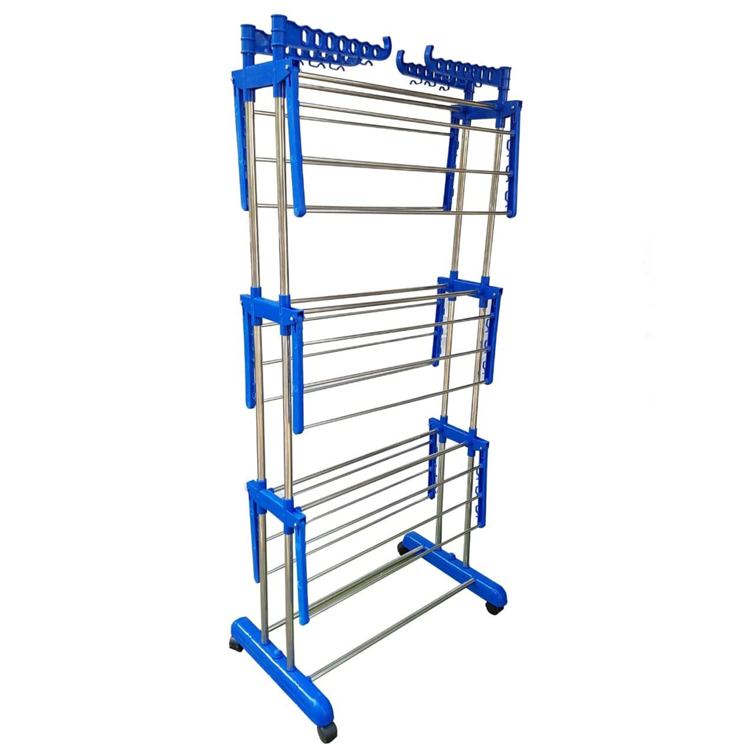 0733A Stainless Steel Folding Double Supported 3 Layer Cloth Drying Stand Laundry Dryer Hanger with Breaking Wheels for Balcony Indoor and Outdoor Home, Steel 0733A Stainless Steel Folding Double Supported 3 Layer Cloth Drying Stand Laundry Dryer Hanger with Breaking Wheels for Balcony Indoor and Outdoor Home, Steel